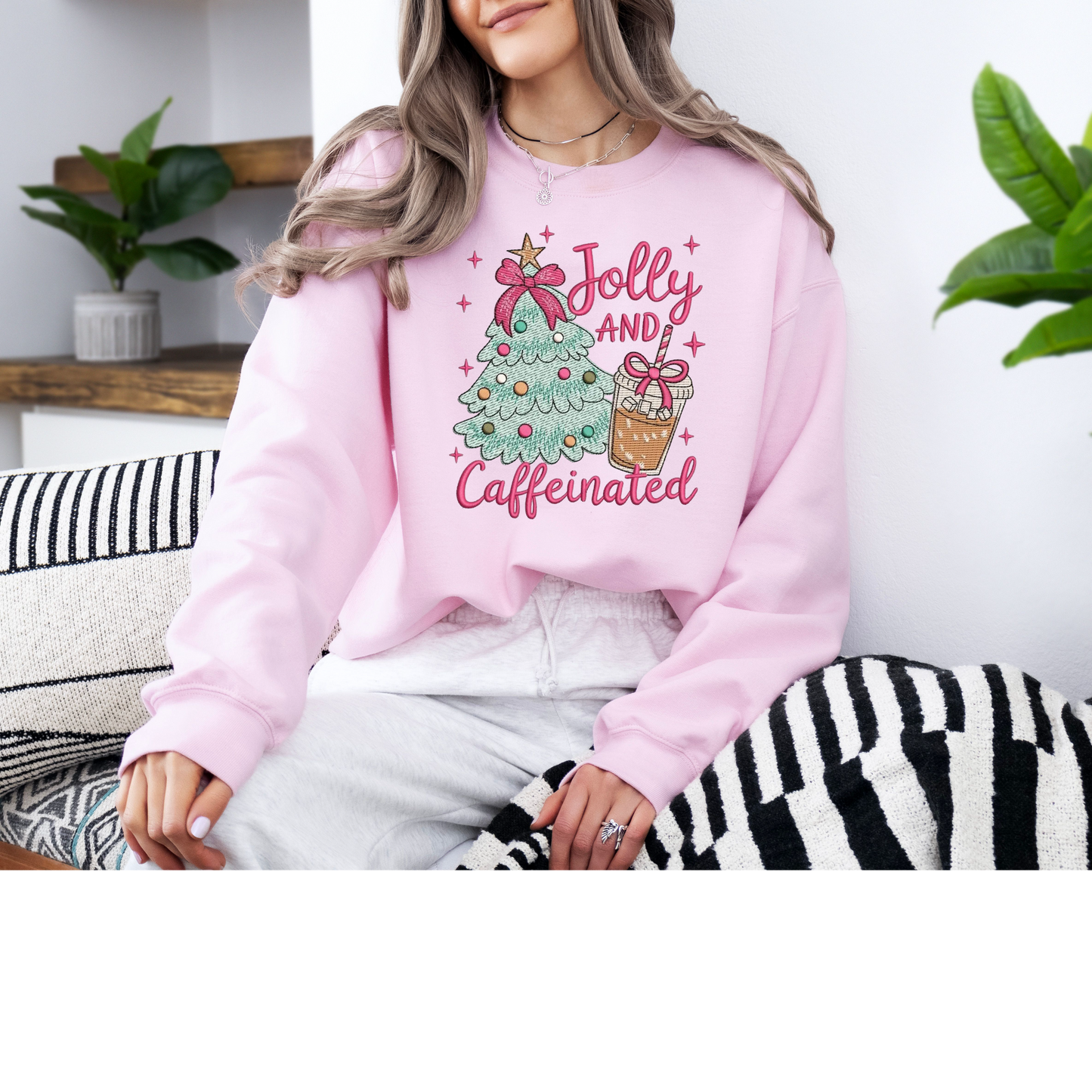 Jolly & Caffeinated Christmas Embroidered Sweatshirt or T-Shirt | Cute Holiday Coffee Design