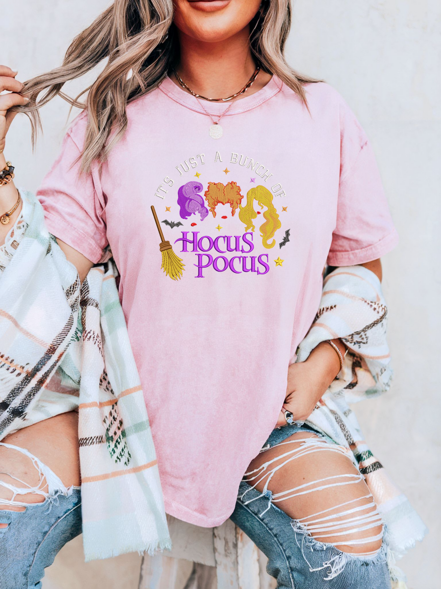 Hocus Pocus – Embroidered Sanderson Sisters Halloween Crewneck T-Shirt