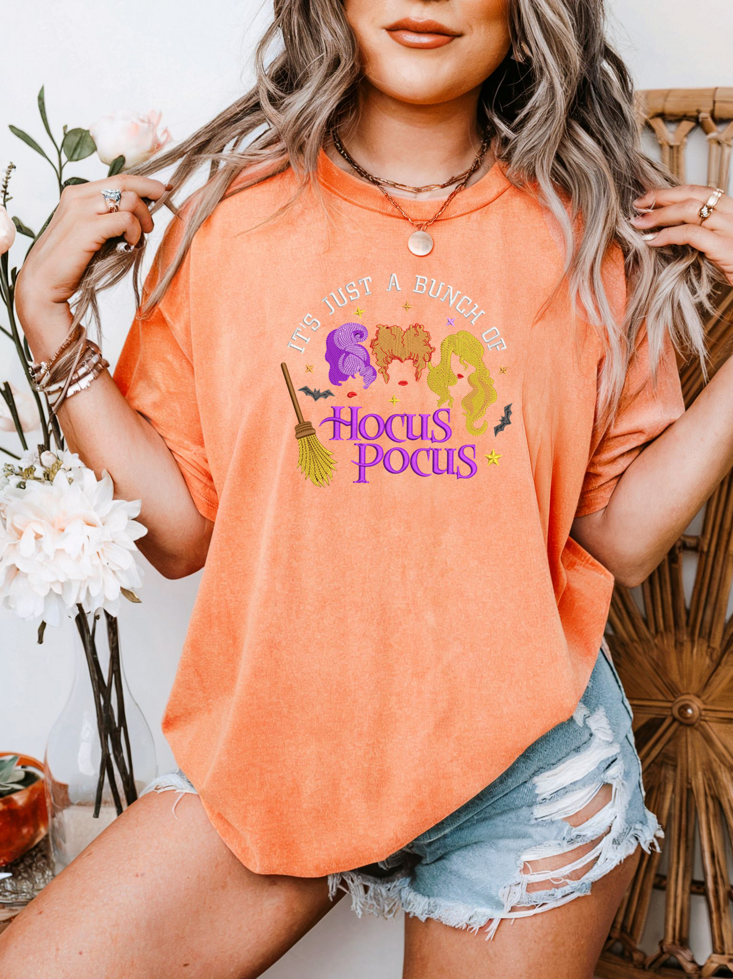Hocus Pocus – Embroidered Sanderson Sisters Halloween Crewneck T-Shirt