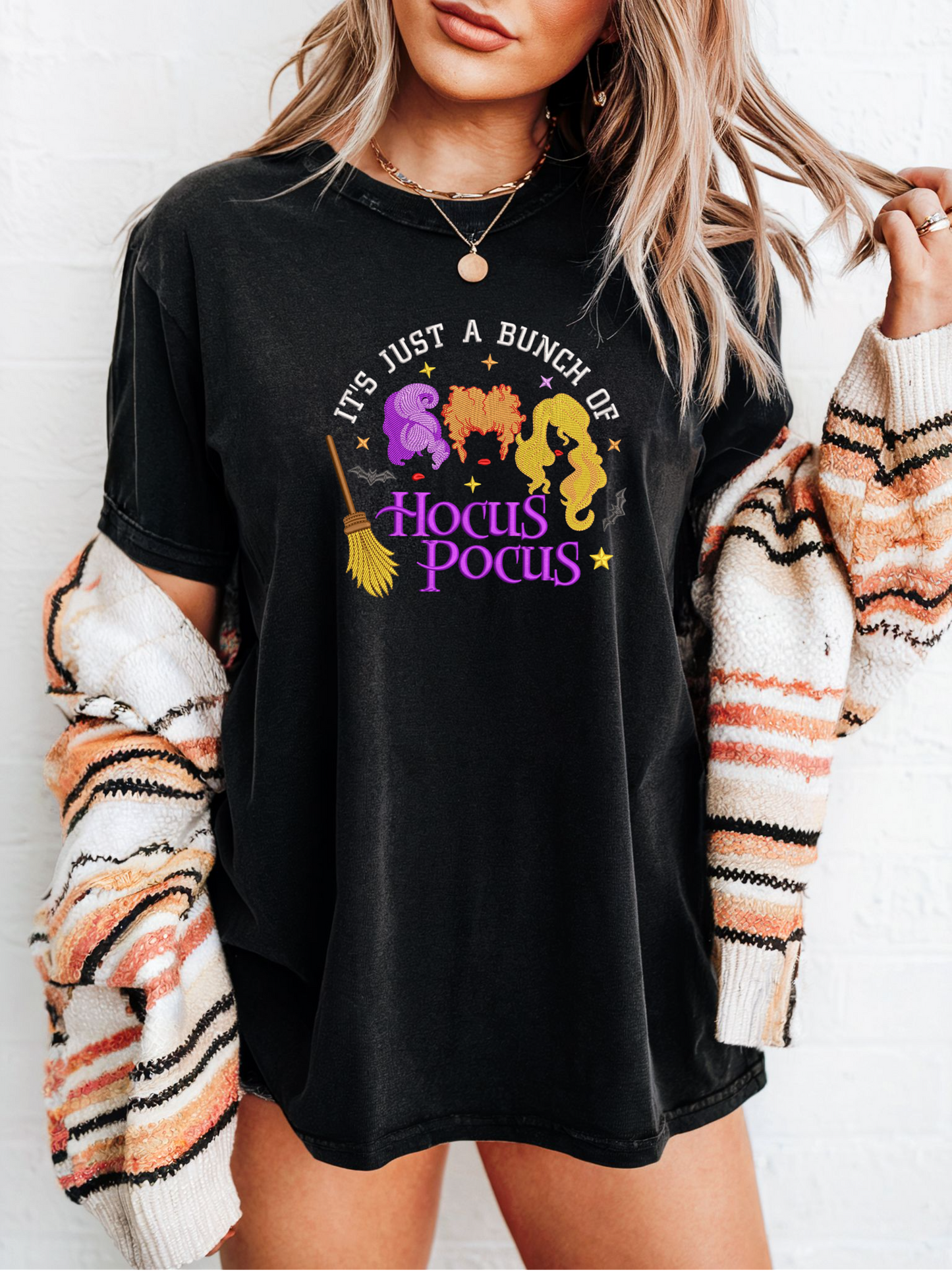 Hocus Pocus – Embroidered Sanderson Sisters Halloween Crewneck T-Shirt