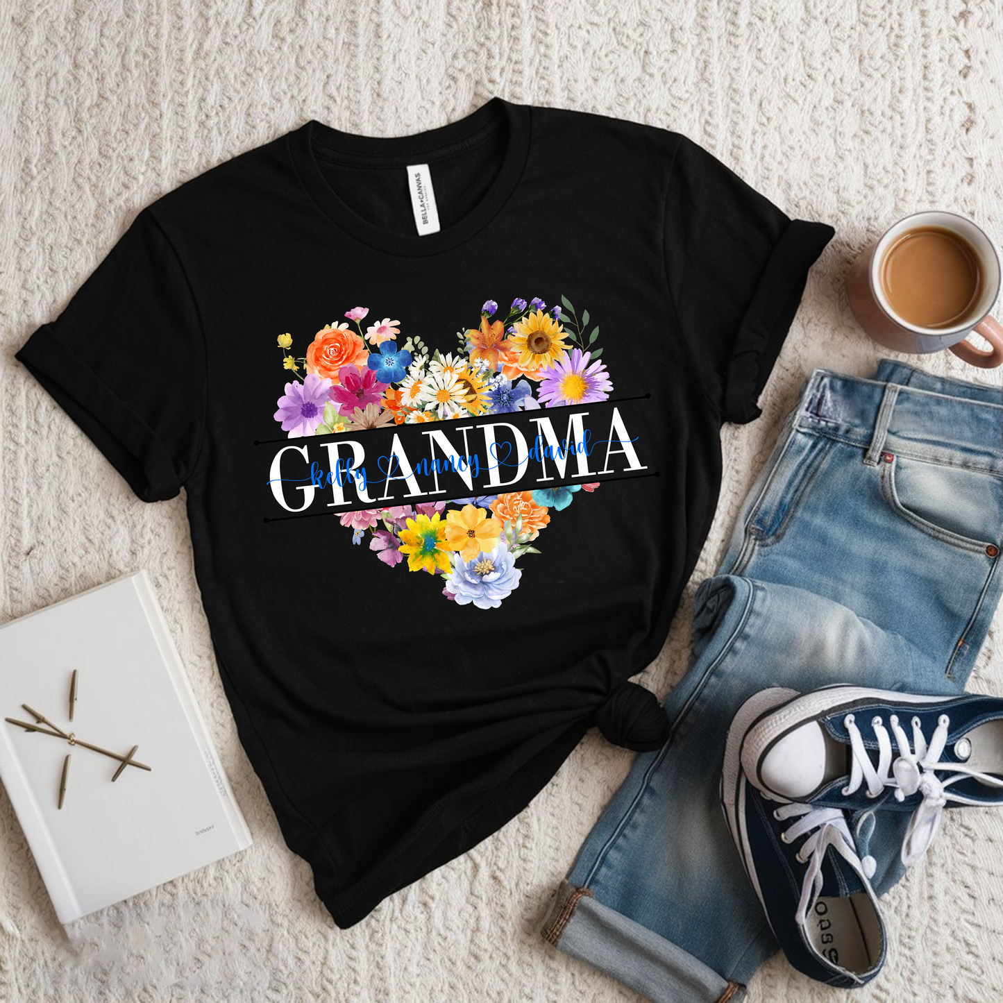 Personalized Gigi, Mimi, Nana, or Grandma Sweatshirt – Heart-Shaped Floral Design with Names