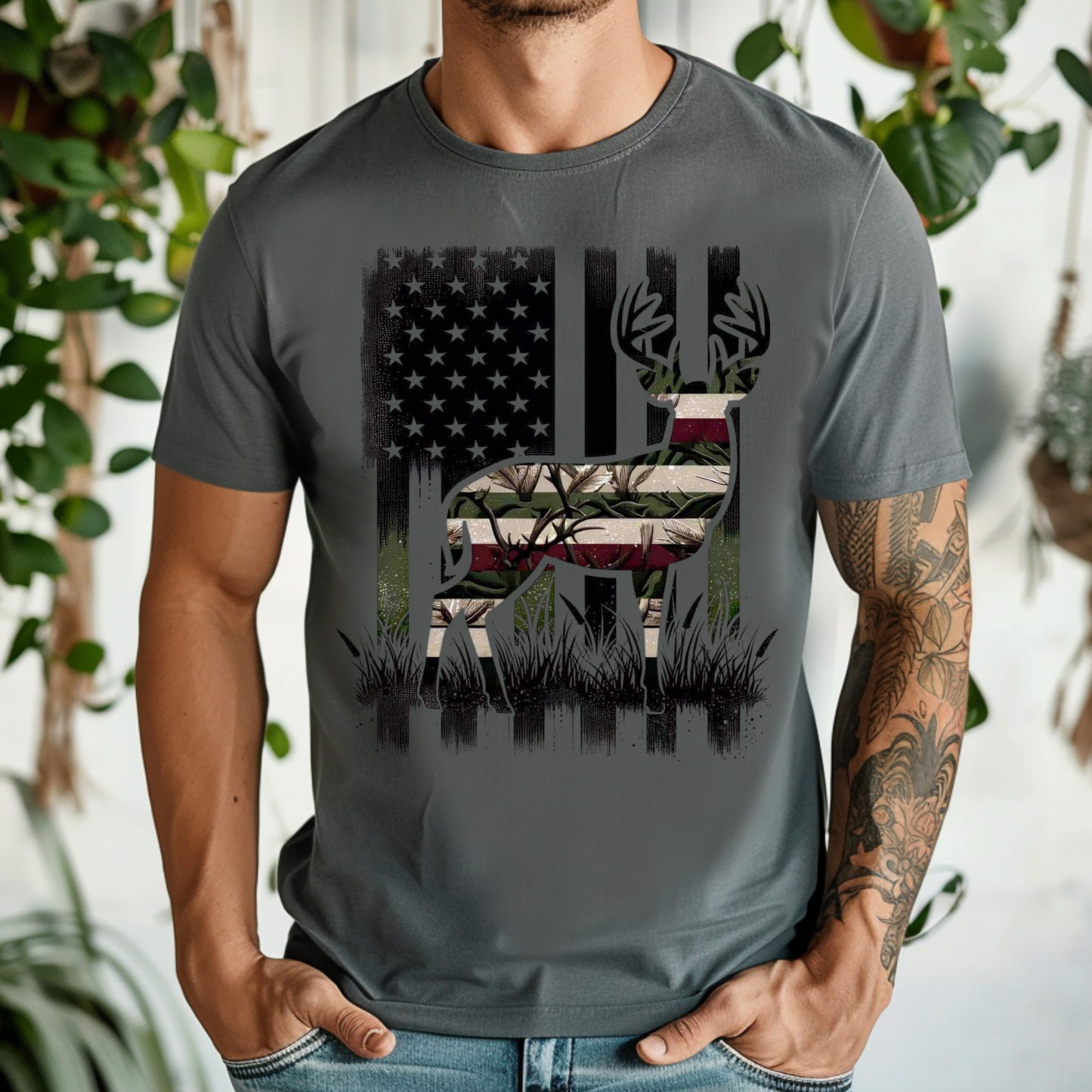 Patriotic Men's Hunting Shirt | American Flag Deer Graphic Tee