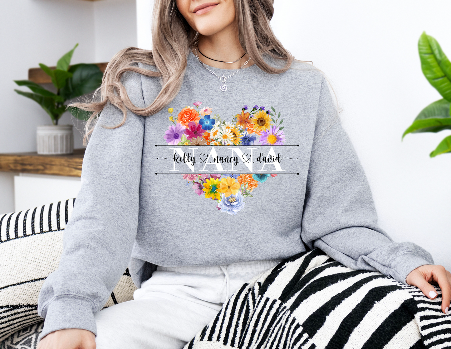 Personalized Gigi, Mimi, Nana, or Grandma Sweatshirt – Heart-Shaped Floral Design with Names