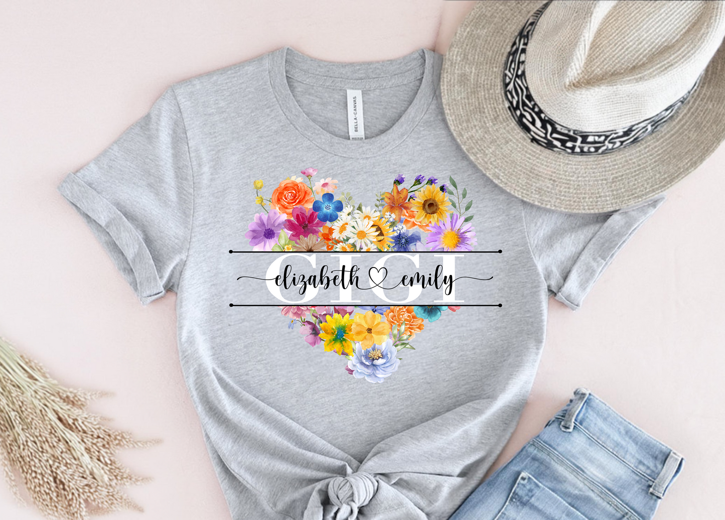 Personalized Gigi, Mimi, Nana, or Grandma Sweatshirt – Heart-Shaped Floral Design with Names