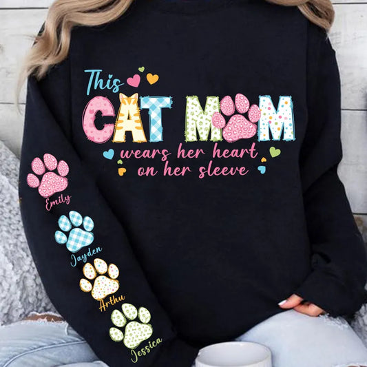 "Cat Mom Wears Her Heart on Her Sleeve" Sweatshirt – Personalized with Cat Names